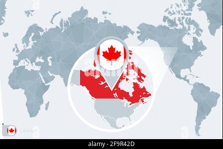 Pacific Centered World map with magnified Canada. Flag and map of Canada on Asia in Center World Map. Stock Vector