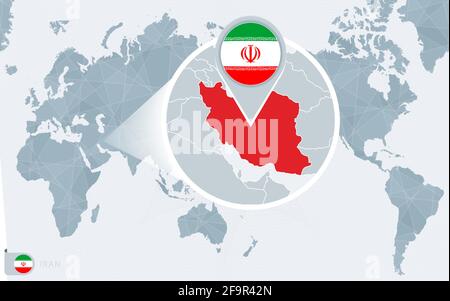 Pacific Centered World map with magnified Iran. Flag and map of Iran on Asia in Center World Map. Stock Vector