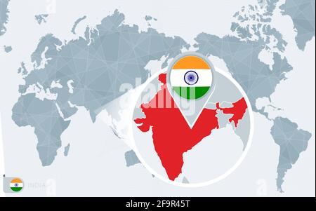 Pacific Centered World map with magnified India. Flag and map of India on Asia in Center World Map. Stock Vector