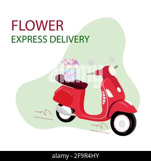 Red motorbike with flowers. Text flower delivery. Delivery service. Fast shipment concept. Flat vector illustration. Red scooter with the bouquet of Stock Vector