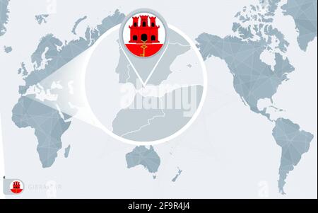 Pacific Centered World map with magnified Gibraltar. Flag and map of Gibraltar on Asia in Center World Map. Stock Vector