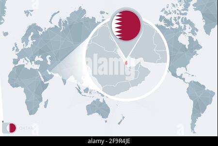 Pacific Centered World map with magnified Qatar. Flag and map of Qatar on Asia in Center World Map. Stock Vector