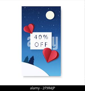 Sales illustration for mobile story with text 40 OFF. Paper cut. Hearts fly in the night sky above the winter forest. Valentine day. Christmas. EPS10 Stock Vector