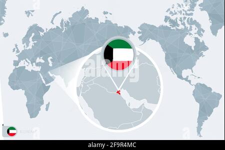 Pacific Centered World map with magnified Kuwait. Flag and map of Kuwait on Asia in Center World Map. Stock Vector