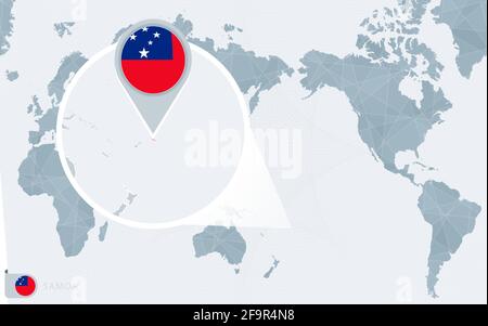 Pacific Centered World map with magnified Samoa. Flag and map of Samoa on Asia in Center World Map. Stock Vector