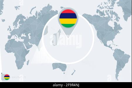 Pacific Centered World map with magnified Mauritius. Flag and map of Mauritius on Asia in Center World Map. Stock Vector