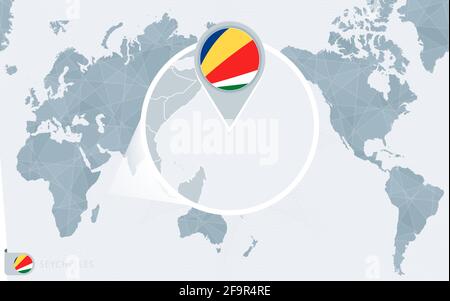 Pacific Centered World map with magnified Seychelles. Flag and map of Seychelles on Asia in Center World Map. Stock Vector