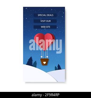 Romantic illustration for mobile stories or app with text Special deals, visit our web site. Sales concept. Air balloon in heart shape fly in the Stock Vector