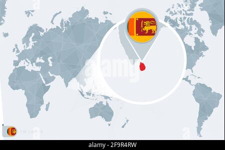 Pacific Centered World map with magnified Sri Lanka. Flag and map of Sri Lanka on Asia in Center World Map. Stock Vector
