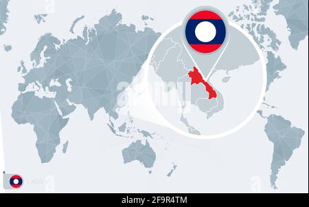 Pacific Centered World map with magnified Laos. Flag and map of Laos on Asia in Center World Map. Stock Vector