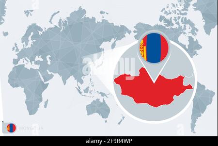 Pacific Centered World map with magnified Mongolia. Flag and map of Mongolia on Asia in Center World Map. Stock Vector
