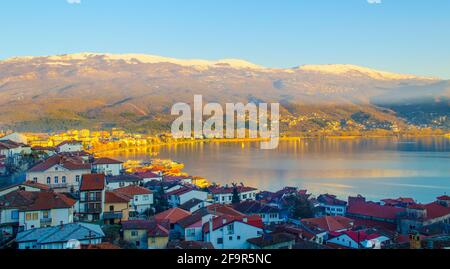 sunset over unesco listed ohrid town in macedonia. Stock Photo