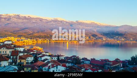 sunset over unesco listed ohrid town in macedonia. Stock Photo