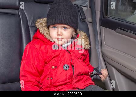 Transportation of small children in the car. A boy in a red jacket sits in the passenger compartment of a car not equipped with a child restraint hol Stock Photo Alamy