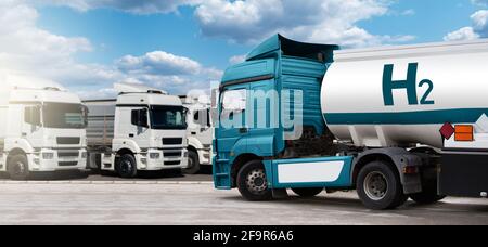 Truck with hydrogen fuel tank trailer on a background of trucks Stock Photo