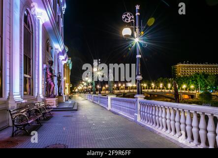 promenade decorated by many statues from archaeological museum along vardar river in skopje, macedonia, fyrom. Stock Photo