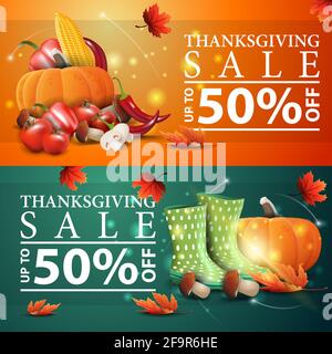 Thanksgiving sale, up to 50 off, two horizontal discount banners. Orange and green discount thanksgiving template Stock Photo