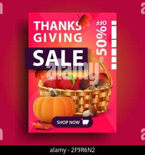 Thanksgiving sale, up to 50 off, creative pink 3D vertical discount banner with fruit and vegetable basket Stock Photo