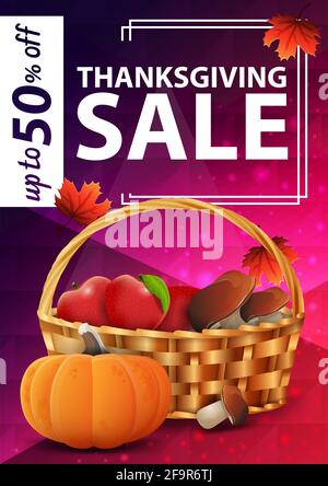 Thanksgiving sale, up to 50 off, pink vertical web banner with fruit and vegetable basket Stock Photo