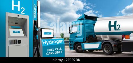 Truck with hydrogen fuel tank trailer on a background of H2 filling station. Concept Stock Photo