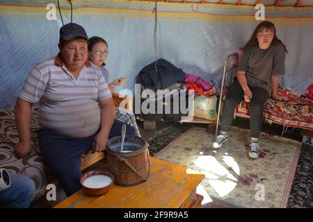 A traditional nomadic family in the Orkhon Valley area of central ...