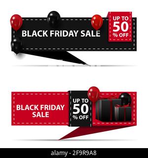 Black friday sale, up to 50 off, black and pink horizontal discount banners in the form of ribbon isolated on white background for your arts Stock Photo