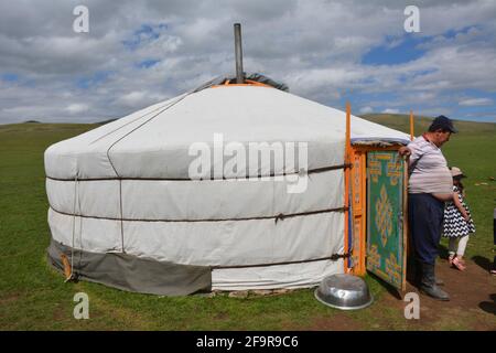 A traditional nomadic family in the Orkhon Valley area of central ...