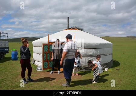 A traditional nomadic family in the Orkhon Valley area of central ...