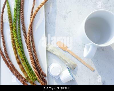 Flat layout of glass on a napkin, wooden coffee stick, coffee stick, liquid coffee creamers, and green and orange branches of araucaria tree on table. Stock Photo