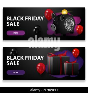Black friday sale, two black horizontal discounts banners with piggy Bank, balloons and gifts isolated on white background for your arts Stock Photo