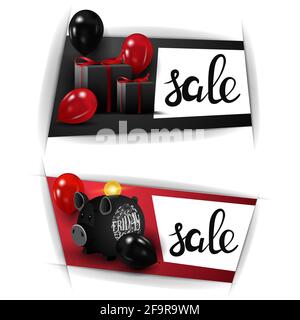 Black friday sale, two horizontal discounts banners with piggy Bank, balloons and gifts isolated on white background for your arts. Black and red bann Stock Photo