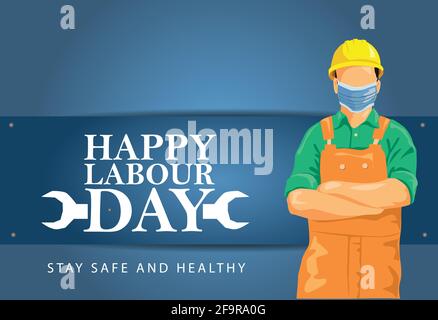 mask with happy labor day lettering. Labor Day On 1 May. coronavirus, covid-19 concept. vector illustration design. Stock Vector