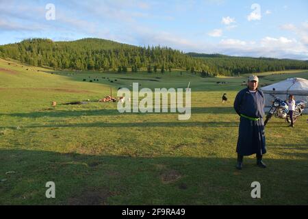 A traditional nomadic family in the Orkhon Valley area of central ...