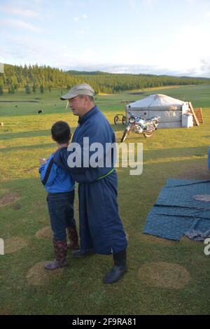 A traditional nomadic family in the Orkhon Valley area of central ...