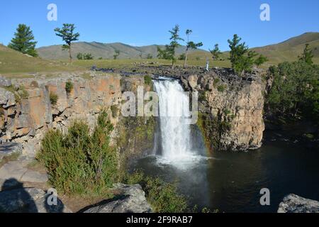 The Red Waterfall, also known as Ulaan Tsutgalan on the Orkhon River in Mongolia's Orkhon Valley, a Unesco world heritage site. Stock Photo