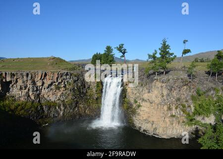 The Red Waterfall, also known as Ulaan Tsutgalan on the Orkhon River in Mongolia's Orkhon Valley, a Unesco world heritage site. Stock Photo