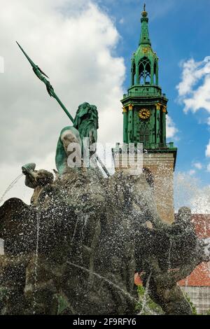 13 May 2019 Berlin, Germany - Neptune fountain (Neptunbrunnen) on Alexanderplatz. Neptune fountain (Neptunbrunnen) on Alexanderplatz in Berlin Stock Photo