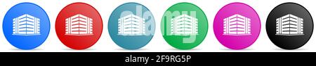 Office building vector icons, set of circle gradient buttons in 6 colors options for webdesign and mobile applications Stock Vector