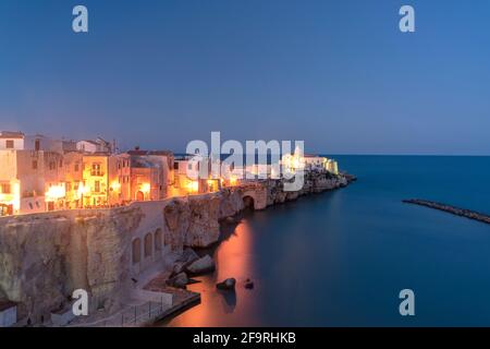 Dusk over the illuminated old town of Vieste in summer, Foggia province, Gargano National Park, Apulia, Italy Stock Photo