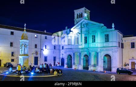 night view of The Basilica of St. Bartholomew on the Island (Basilica di San Bartolomeo all'Isola). It contains the relics of St. Bartholomew the Apos Stock Photo