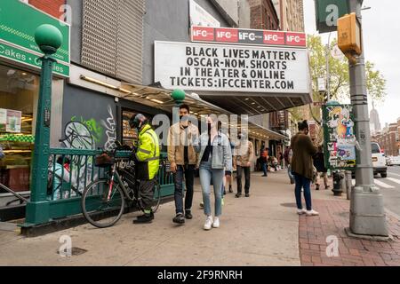 The IFC Theater in Greenwich Village in New York on Saturday, April 17, 2021. NYS Gov. Andrew Cuomo announced that on April 26 movie theaters can increase their capacity to 33% from 25%. (ÂPhoto by Richard B. Levine)