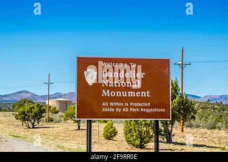 Bandelier National Monument, NM, USA - April 14, 2018: A welcoming sig Stock Photo