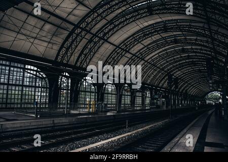 17 May 2019 Dresden, Germany - interior of Dresden Hauptbahnhof. Trains in Central Railway Station of Dresden. Stock Photo