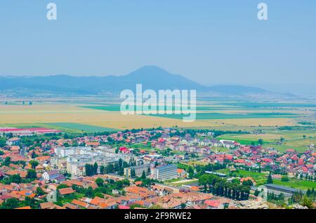 aerial view of romanian city rasnov taken from the top of the fortress. Stock Photo