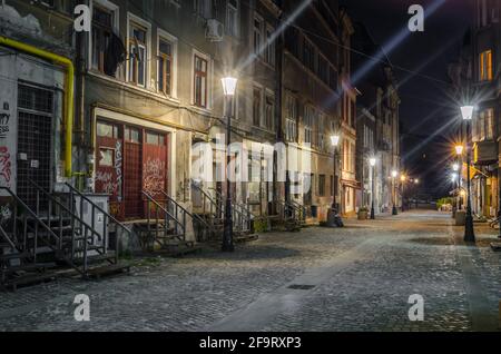 night view of a street in the old town center of romanian capital bucharest. Stock Photo