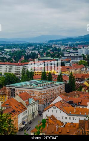 Ljubljana cityscape aerial view, Slovenia. View on city center and National Library. Stock Photo