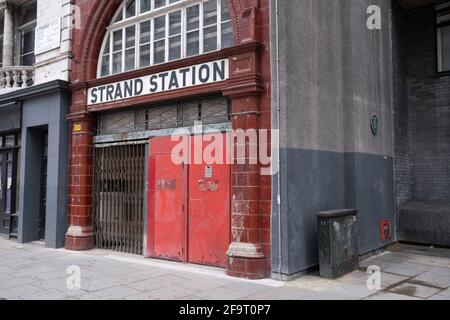 Closed down Aldwych Underground station in London, UK. Also known as Strand Station on 15th April 2021 in London, United Kingdom. Stock Photo
