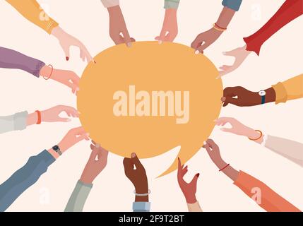 Agreement or affair between a group of colleagues or collaborators.Arms and hands holding speech bubble.Diversity People who exchange information Stock Vector