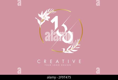 Number 100 1 0 logo design with golden circle and white leaves on branches around. Vector Illustration with numbers 1 and 0 for personal branding, cor Stock Vector