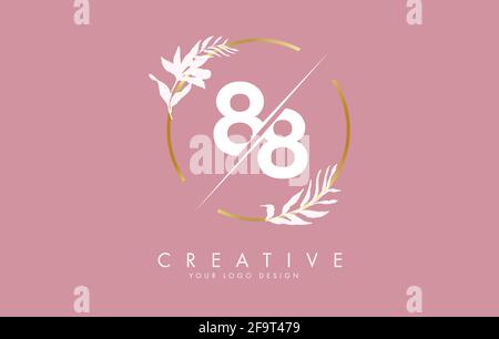 Number 88 8 logo design with golden circle and white leaves on branches around. Vector Illustration with numbers 8 for personal branding, corporate, b Stock Vector